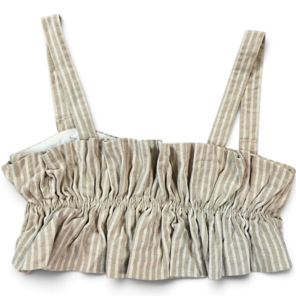 TNA Striped Ruffle Hem Crop Top Tan White Medium Womens Linen Blend Summer Tank